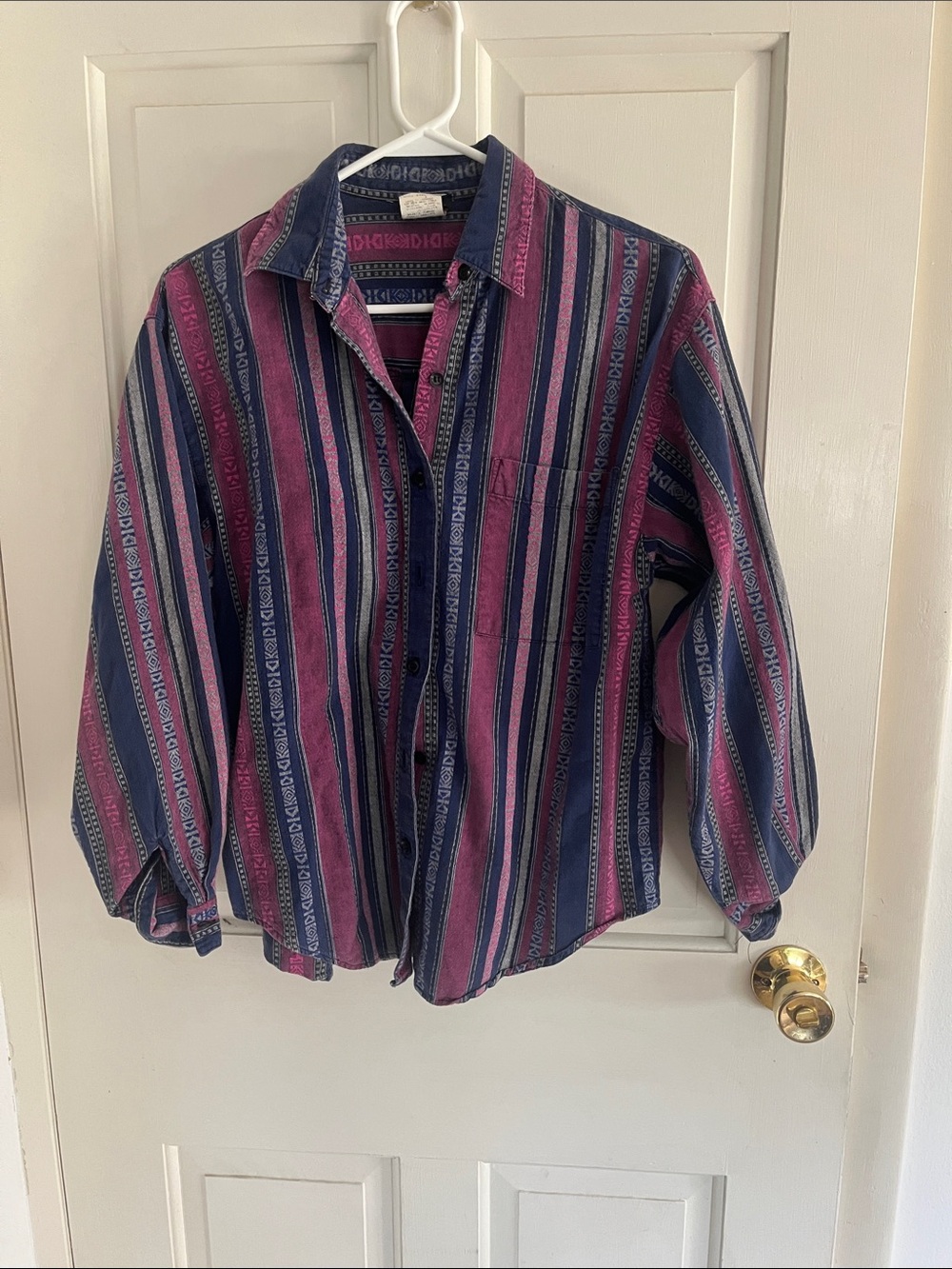 Vintage Women's Button-Down Shirt in Navy and Magenta Stripes